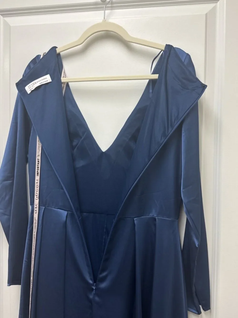 Mac Duggal Size 8 Blue 26613 Long Sleeve Satin A-Line Formal Gown Dress Wedding - Picture 9 of 12
